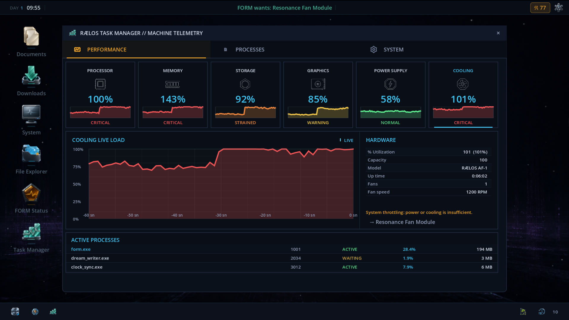 RAELOS Task Manager displaying machine telemetry